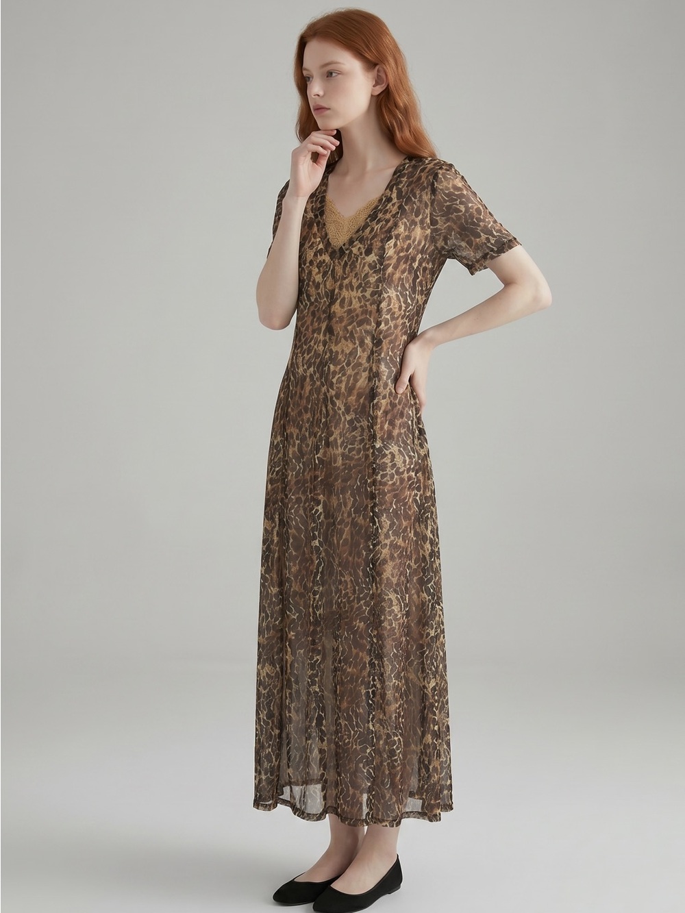 Vintage Nostalgia Brown Leopard-Print Lace Maxi Dress sheer embroidered slip